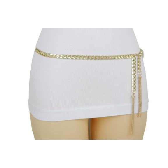 Women Gold Metal Chain Skinny Belt Brown Beads Tassel Fringes Plus Size M L XL
