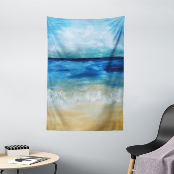Art Tapestry, Tropical Sandy Beach Pure Waves Tranquil Ocean under Clouds Summer Scenery, Wall Hanging for Bedroom Living Room Dorm Decor, 40W X 60L Inches, Navy Blue Pale Brown, by Ambesonne