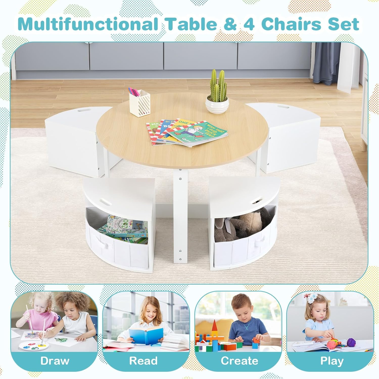 OLAKIDS Toddler Table and Chair Set, Wooden Table and 4 Chairs with Nesting Design, Storage Drawers, Children Multi-Activity Table for Art, Crafts, Draw, Read for Boys Girls Aged 3+