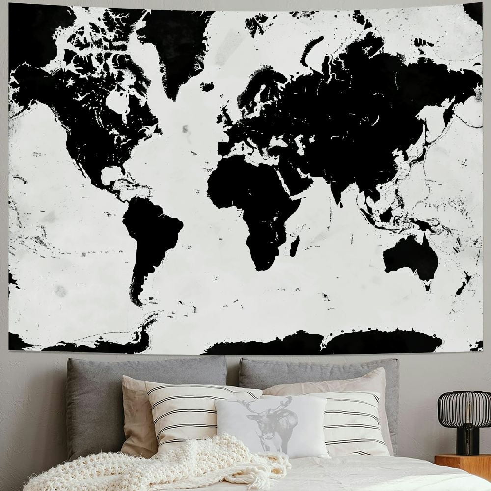 World map tapestry black and white sale