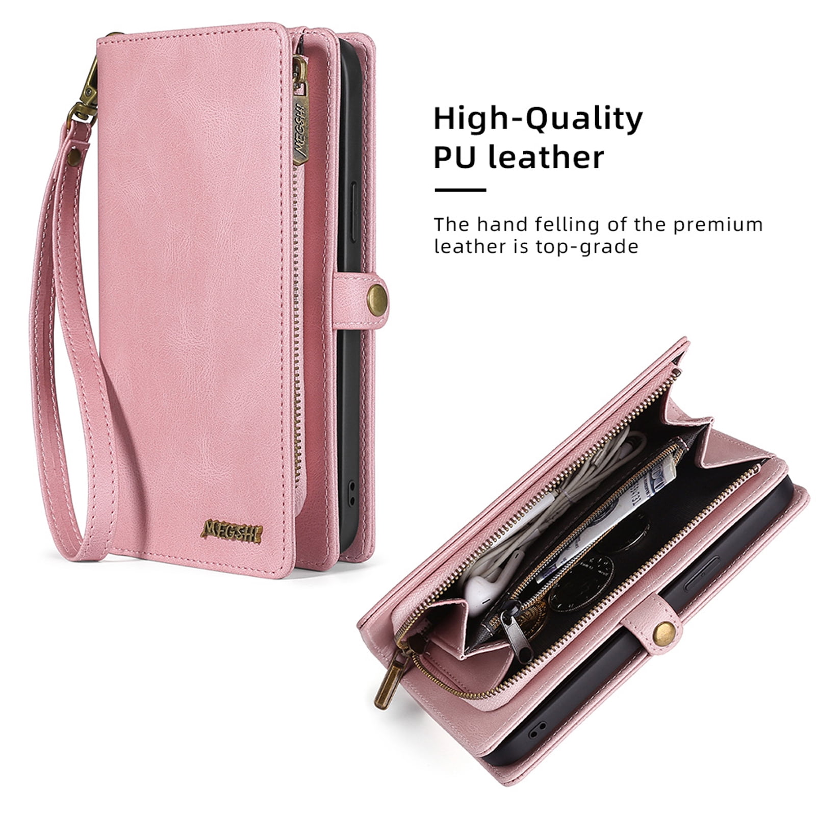 for iPhone 16e Wallet Case, Durable PU Leather 2-in-1 Detachable Magnetic Flip Phone Case for iPhone 16e Case Wallet with Card Holder Slots Zipper Pouch for Women Men, Pink