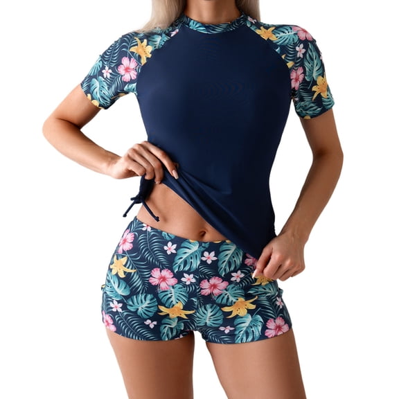 Women Two Piece Rash Guard Short Sleeve Swimsuits Floral Print Uv Upf 50 Swim Shirt Bathing Suit With Boyshort Bottom Navy L