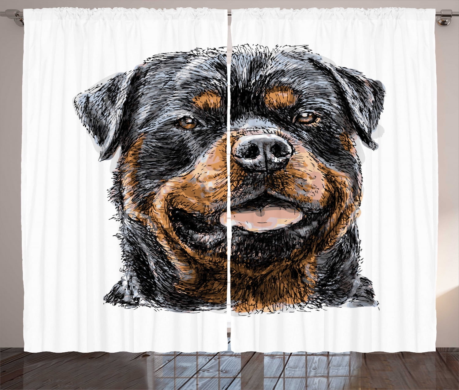 Rottweiler Curtains 2 Panels Set Hand Drawn Image Of Dog Type Realistic And Furry Window Drapes For Living Room Bedroom 108 W X 108 L Pale Cinnamon Tan And Dark Chestnut Brown By Ambesonne