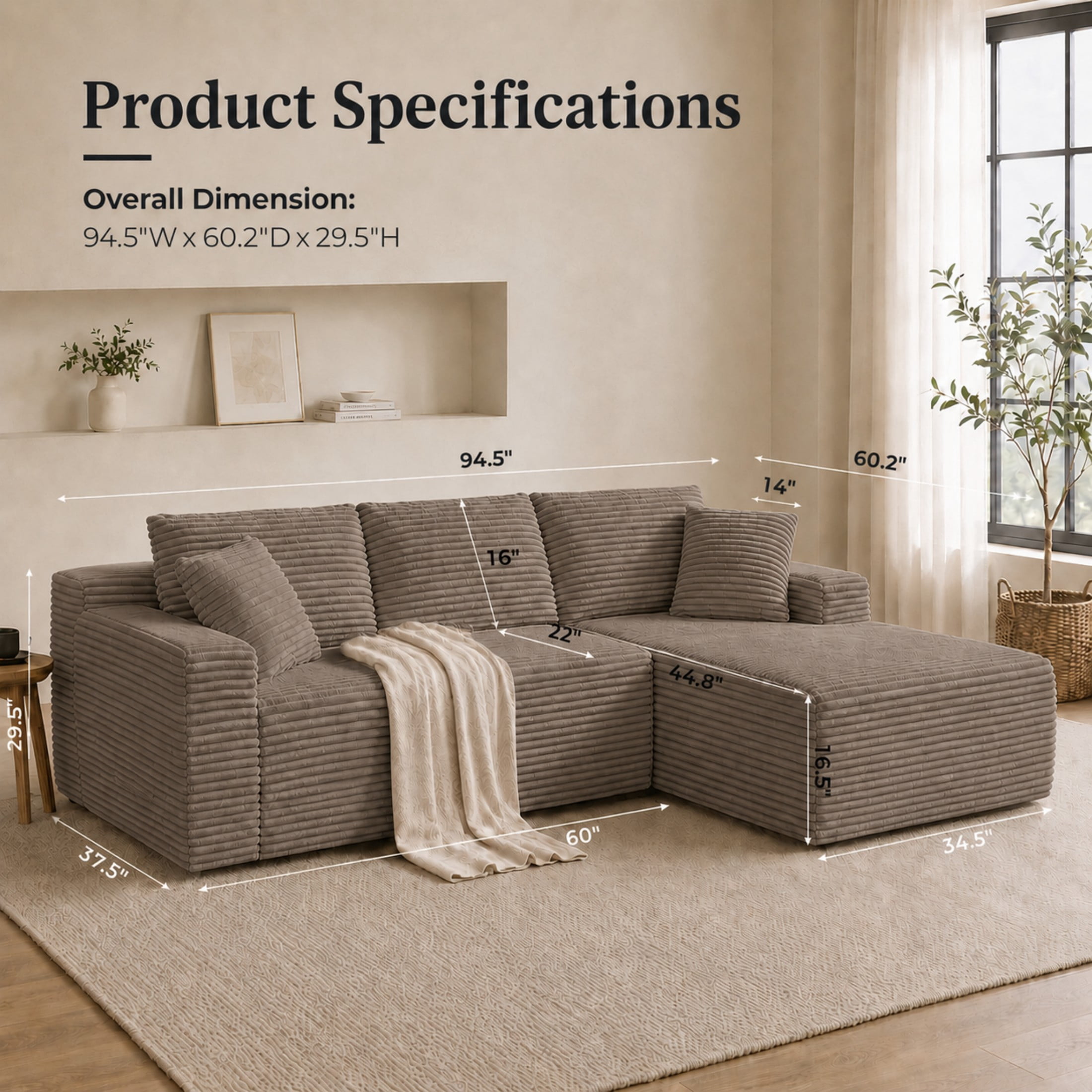 Aenkyo 106 Inch Corduroy L-Shaped Cloud Sectional Sofa with Reversible Chaise, Camel