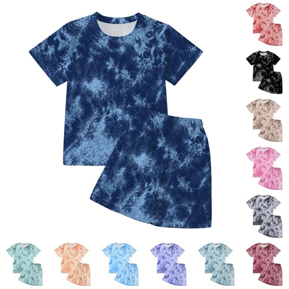 CUZIBR Toddler Colorful Tie Dye Graphic Boys O-Neck Short Sleeve Tshirts Tops With Shorts Outfit Sets Kids Playwear Summer Clothes Sets,Navy,8-9 Years