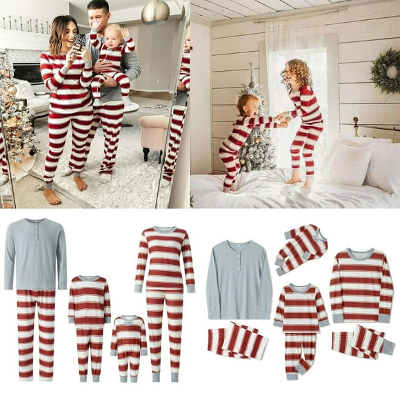 AMERTEER Family Matching Autumn Pajamas Sets Long Sleeve O Neck Tops + Striped Pants or Long Sleeve Striped Jumpsuit