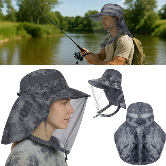 ASTRAEA Mosquito Head Net Hat with Neck Flap, Wide Brim Sun Hat UPF 50 UV Protection Safari Cap for Men Women Outdoor Fishing Hiking Gardening, Camouflage Black