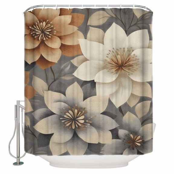 Small Stall Shower Curtain 48x72 Inch Narrow Half Size Burnt Orange Grey Flower Bath Curtains Bathroom Decor Vintage Spring Floral Botanical Waterproof Fabric Shower Curtain Set with Hooks 48 Inch