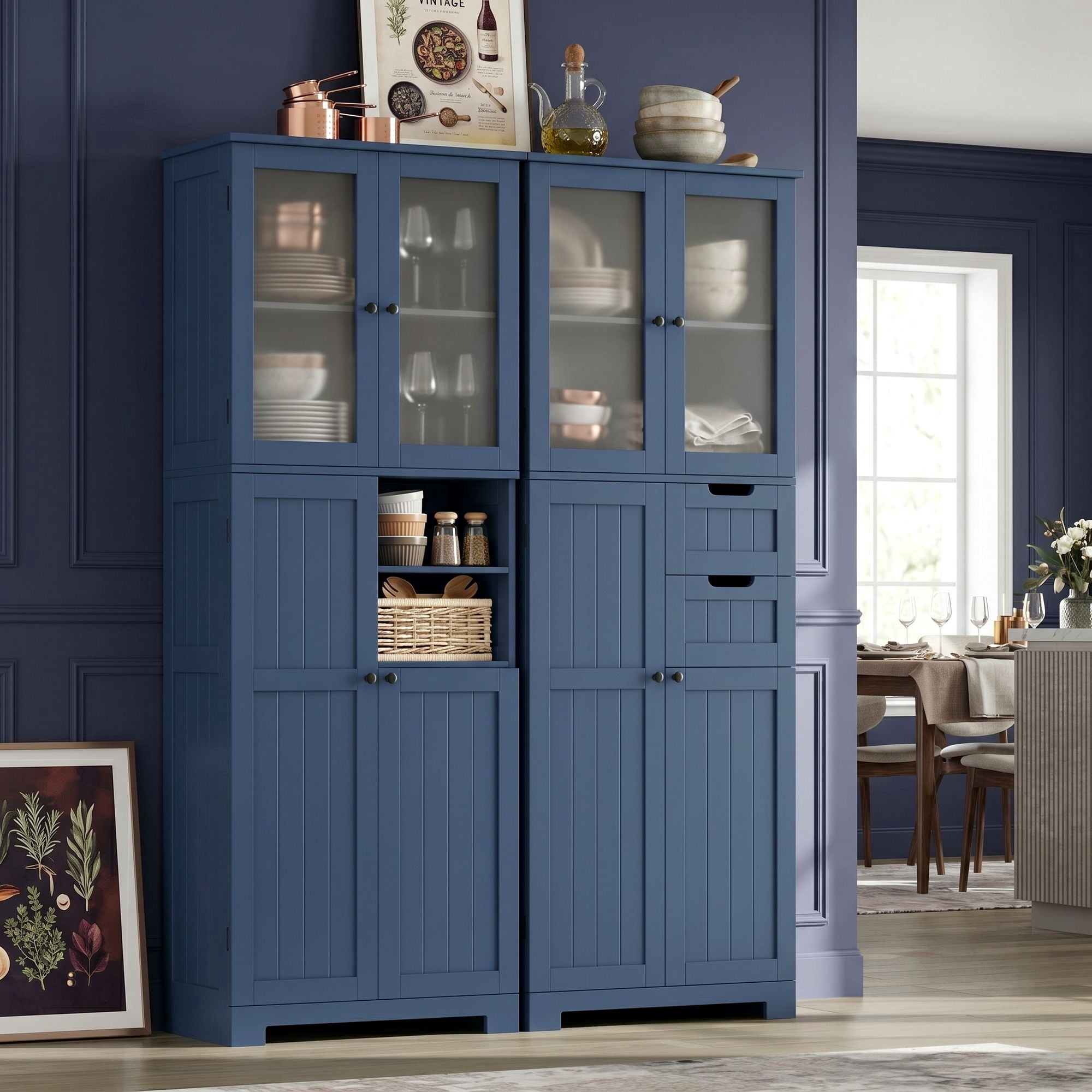 Homfa Kitchen Pantry Storage Cabinet, 67" Pantry Cabinet with Doors and Removable Drawers, Freestanding Cupboard for Dining Room, Blue