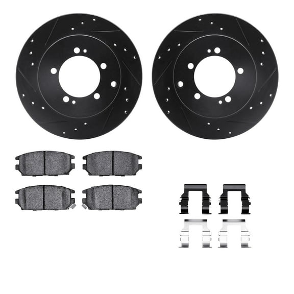 Dynamic Friction Company Rear Brake Rotors-Drilled and Slotted-Black with 5000 Advanced Brake Pads includes Hardware 8512-72027