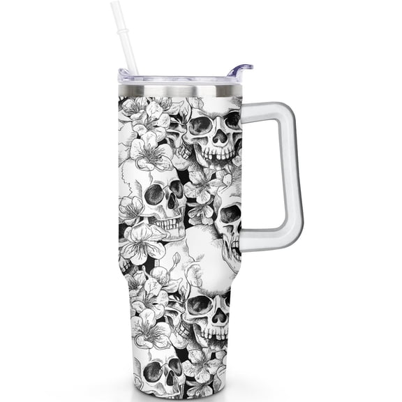 1pc Skeleton 40oz Tumbler with Straw & Handle - Insulated Stainless Steel Cup | Holiday Gift for Man Women (Christmas, Valentine's, Birthday)