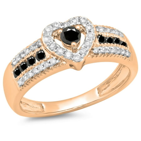 0.55 Carat (ctw) 18K Rose Gold Round Cut Black & White Diamond Ladies Bridal Heart Shaped Promise Engagement Ring 1/2 CT