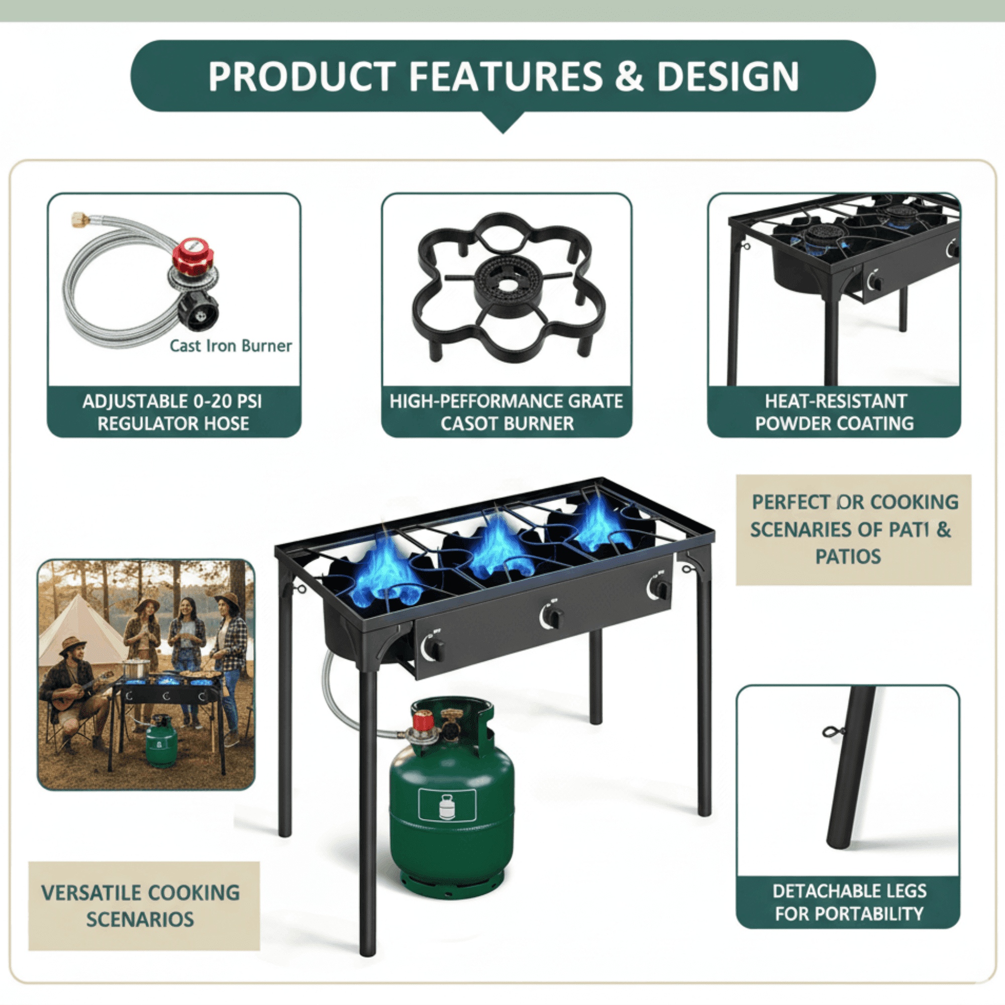 GVDV 3-Burner Propane Camping Stove, Gas Stove for Outdoor Cooking BBQ, 225,000 -BTU, 20 PSI Regulator, High Pressure, Heavy Duty, Black
