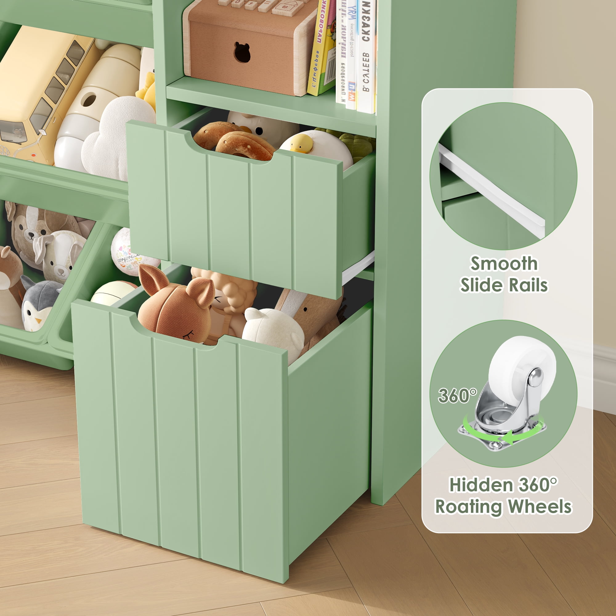 Homfa Kids Toy Storage Organizer with Removable Bin, Kids Bookshelf and Bookcase Toy Box with Drawers for Playroom, Classroom, Green