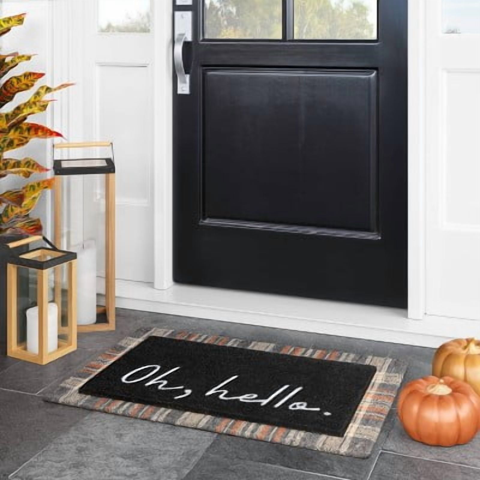 1'6"x2'6" Oh Hello Doormat Black - Outdoor Welcome Mat, Coir & Latex, Traditional Typography Design