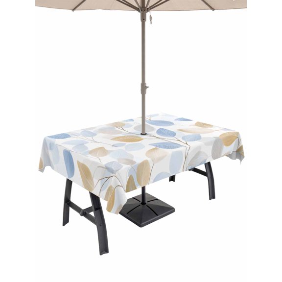 Outdoor Tablecloth with Umbrella Hole for Patio/Picnic/Party/Camping, Botanical Leaves Waterproof Table Cloth Rectangle Table Cover Washable, Orange Gray Blue Leaf Branches Modern (54"x 80")