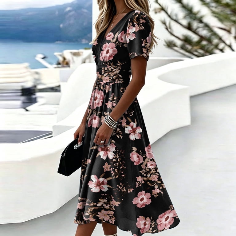 formal dresses with tummy control SAATLERI for women Wrap A-Line Midi V-Neck Short Sleeve Dress Beach Vacation Sundress Modest Dresses, Women's, Size: XL slimming dresses to hide tummy