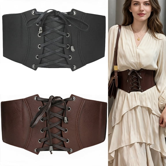 Black Corset Belt for Women Women's Black Wide Elastic Waist Belt Pu Vintage Lace-up Elastic Waist, Tied Waspie Wide Belt for Halloween Costume L