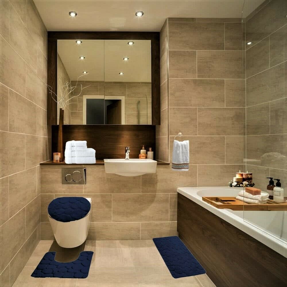 Latte Bath & Pedestal Mat Set Bathroom Toilet Rug Shower Wet Room Lavatory 