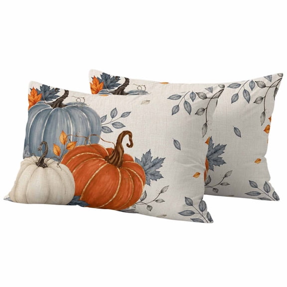 Fall Outdoor Waterproof Pillow Covers, Orange Blue Pumpkins Thanksgiving Autumn Farmhouse Leaf Decorative Rectangle Throw Pillowcase Sofa Cushion Sham for Patio/Couch/Chair, 20"x12" 2 Pack