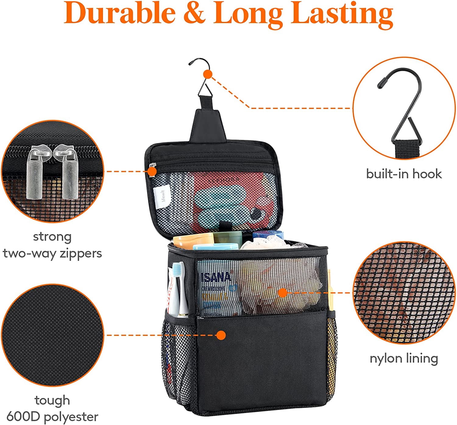 RGHJAR-Shower Bag Mesh Shower Caddy Portable College Dorm Room Essentials Tote Bag for Bathroom, Gym, Travel, Camping Quick Dry Hanging Shower Organizer Basket Toiletry Bag, Medium, Black