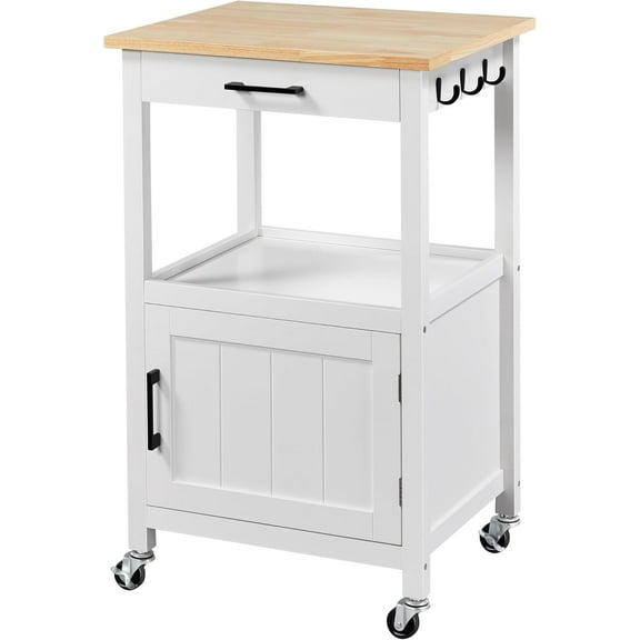 White Mobile Storage Cart with Cabinet Doors, Drawers & Side Hooks