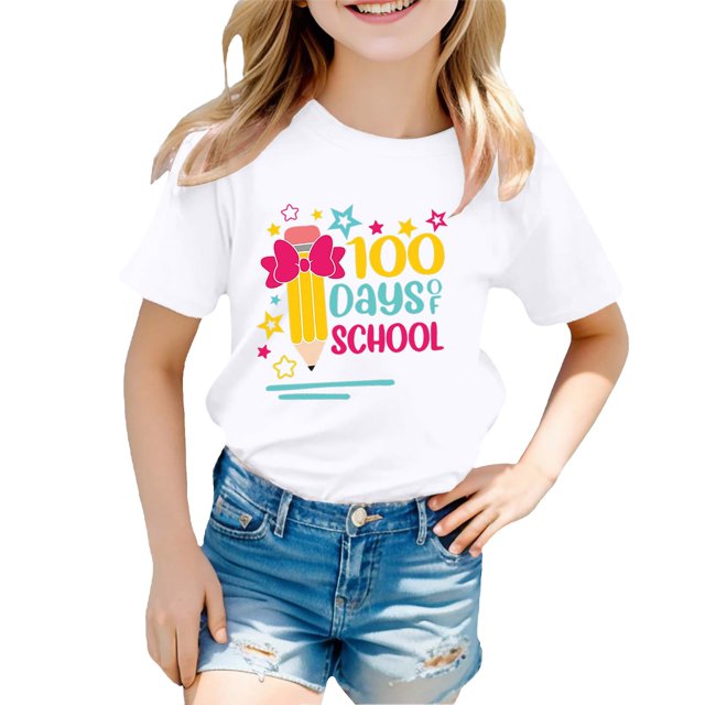T-Shirts Grandes Filles Mode Décontractée Imprimé Col Rond Manches Courtes Ample Vêtements pour Enfants Taille 12-13T