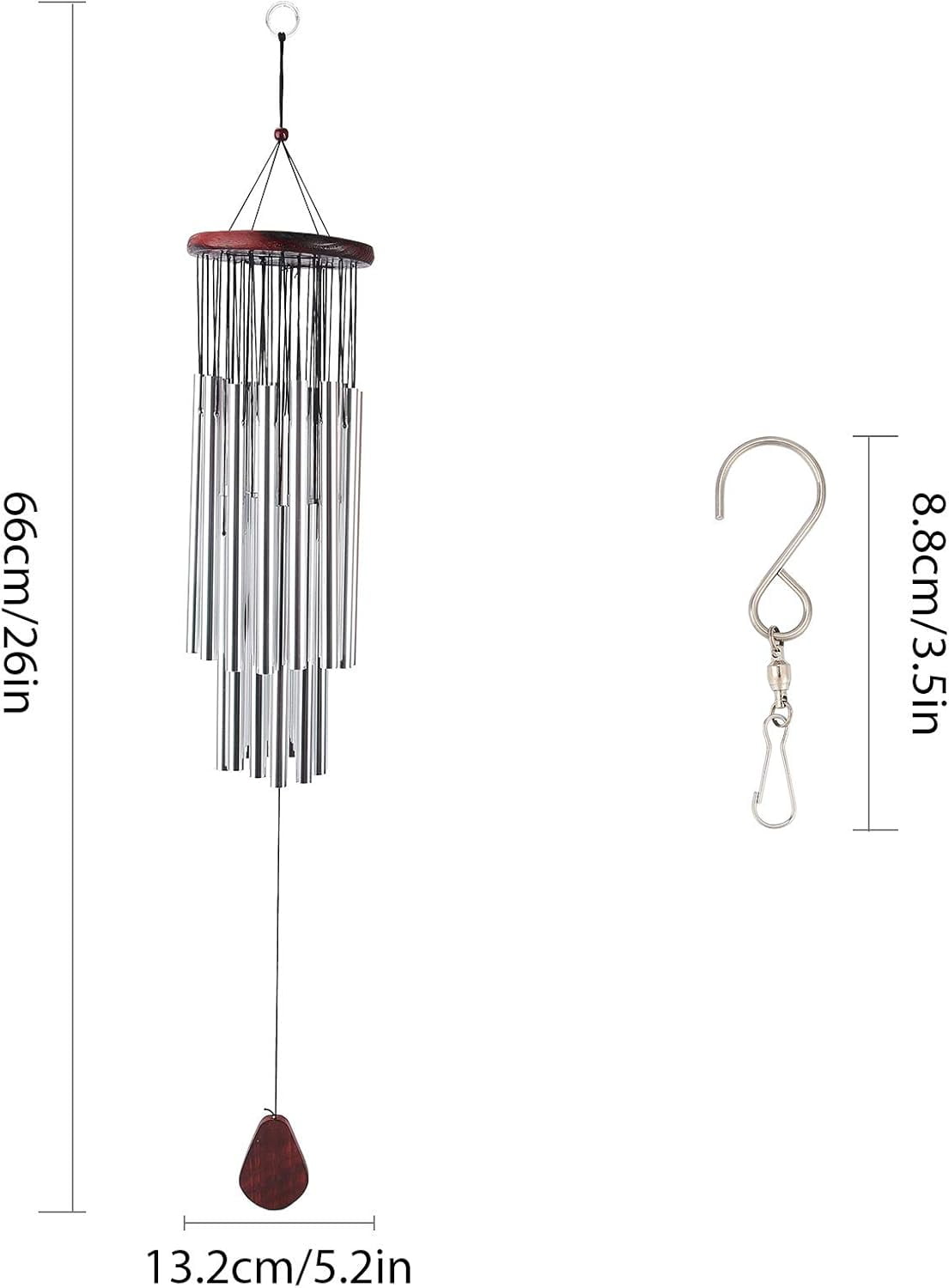 1 set Solid Wood Wind Chimes with Brass Tubes for Home Party Festival Decor Garden yard Decoration with Stainless Steel Swivel Hooks Clips Platinum 66x13.2cm