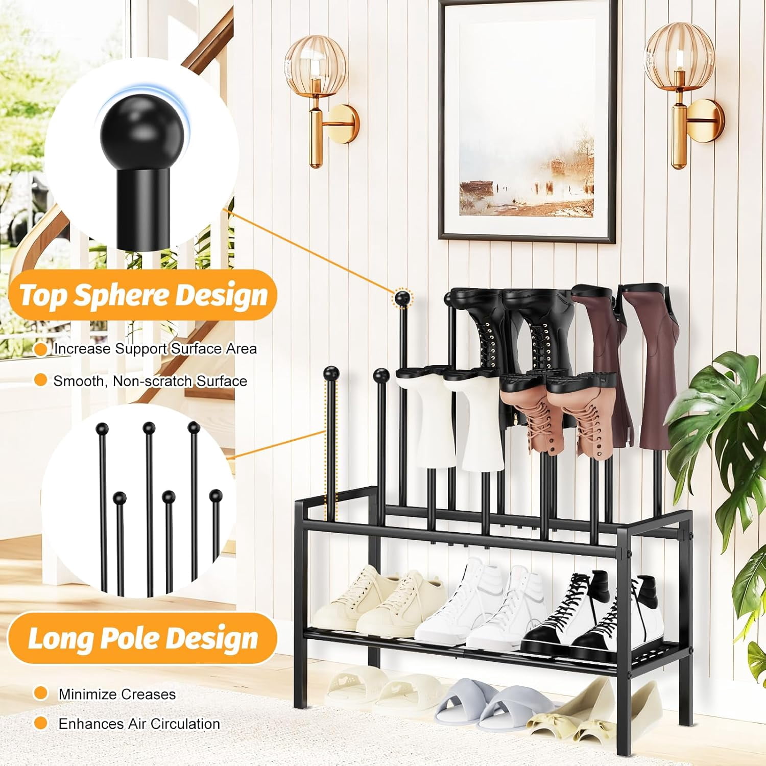Tall Boot Shoe Rack,FreeStanding Metal Shoe Racks with 12 Long Posts Holds 6 Pairs,Boot Shelf Storage Organizer for Closet Entryway Floor Bedroom Outdoor, Black
