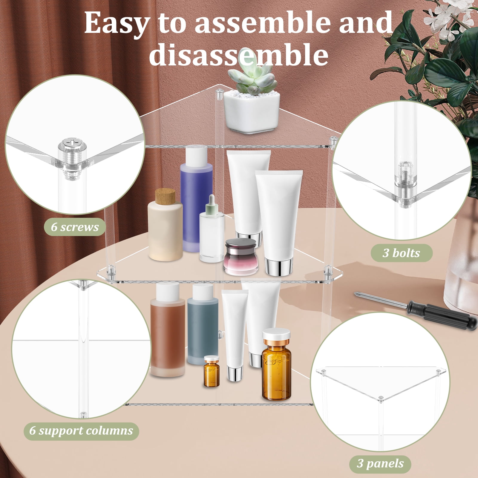 3 Tier Corner Shelf Transparent Acrylic Counter Corner Shelves Organizer Triangle Storage Rack for Bathroom Kitchen Office Vanity