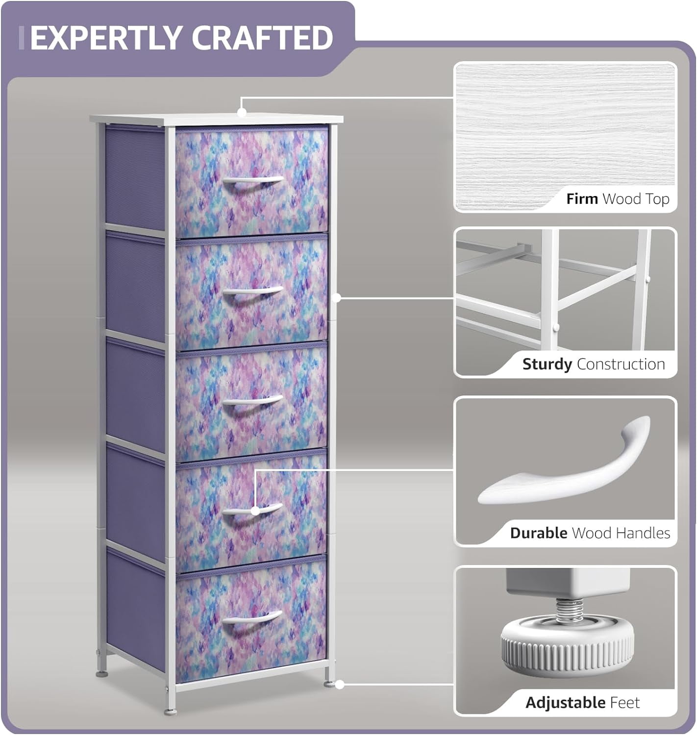 Sorbus Dresser w/ 5 Drawers Furniture Tall Storage Organizer Unit for Bedroom Tie-Dye Purple