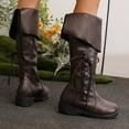 thumbnail image 3 of Wide Calf Knee High Boots Women Pull on Fold Over Leather Tall Riding Booties Round Toe Strappy Fall Winter Long Boots, 3 of 6
