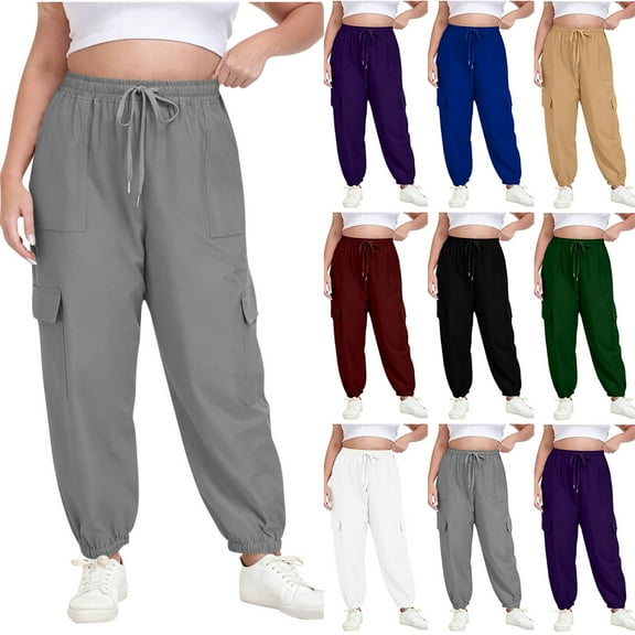 Gytharion Lightweight Sweatpants for Women Plus Size Solid Casual Elastic Waist Drawstring Joggers Loose Comfy Cinch Bottom Hip-Hop Pants with Multi-Pocket