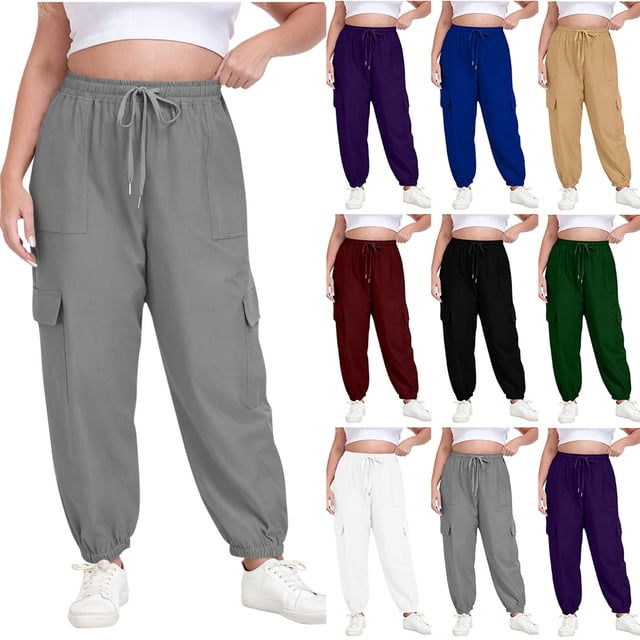 FRSASU Women Plus Size Cargo Sweatpants Adjustable Drawstring Joggers Loose Fit Lounge Trousers with Pockets White XL(XL)