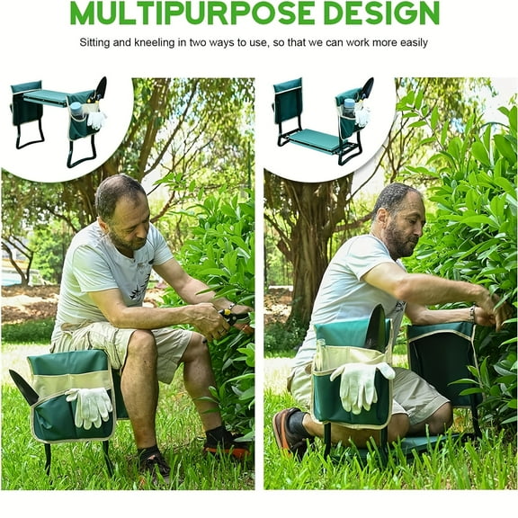 Garden Kneeling Pad and Seat, Multifunctional Garden Kneeling Stool, Unisex Gardening Gift, Foldable Gardening Stool with 1 Tool Kit, 6-Inch Wide Kneeling Pad, Dark Green UGGK49L