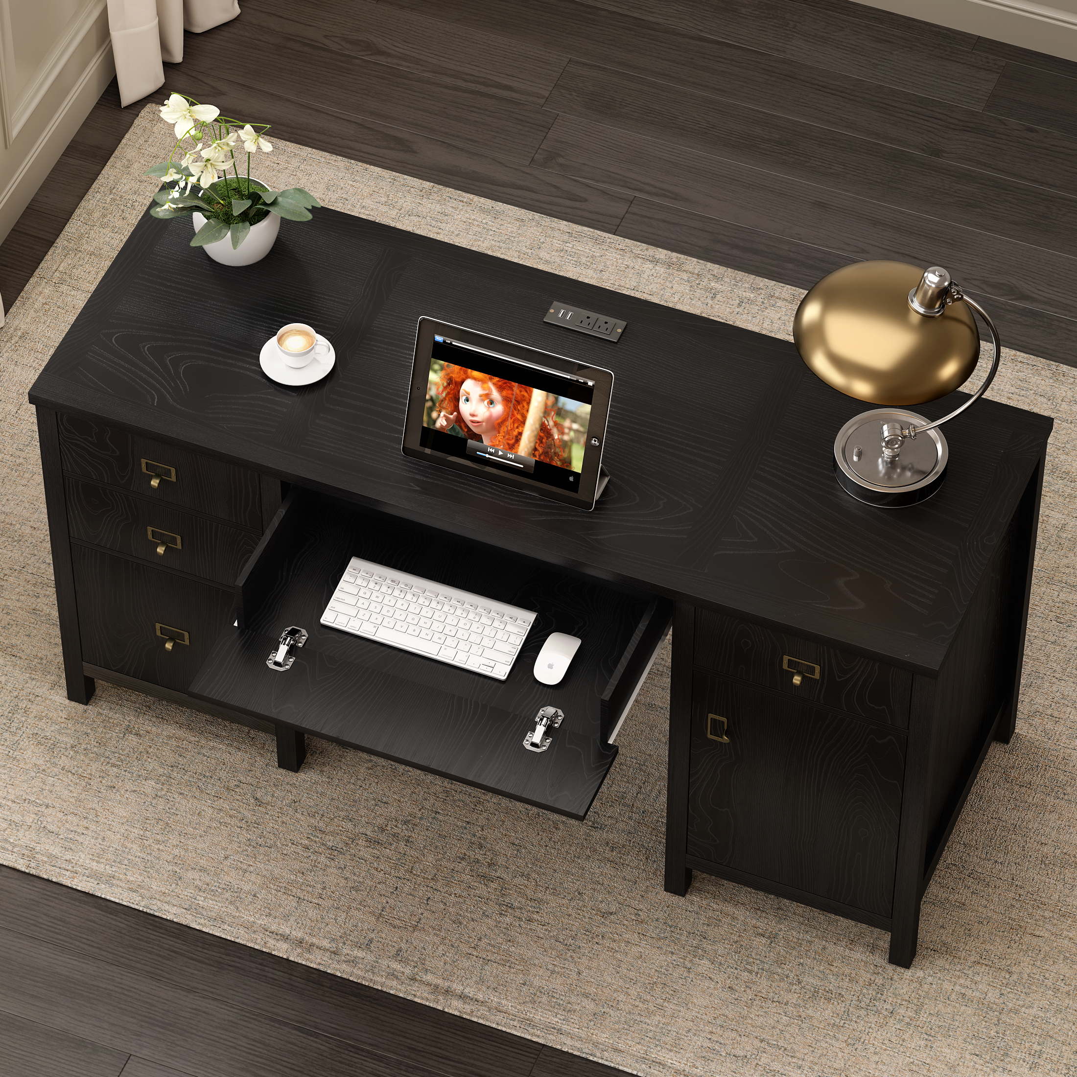 Joyyskill 59" Executive Desk with File Drawer, Farmhouse Computer Desk with Charging Station and Storage Cabinet Wood Home Office Desk for Writing Study, Black
