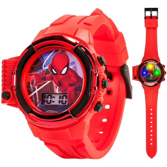 Accutime Kids Marvel Spiderman Reloj de pulsera de cuarzo LCD digital rojo con linterna y correa roja para niños, niñas y niños pequeños (Modelo: SPD4747AZ)