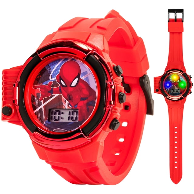 Accutime Kids Marvel Spiderman Reloj de pulsera de cuarzo LCD digital rojo con linterna y correa roja para niños, niñas y niños pequeños (Modelo: SPD4747AZ)