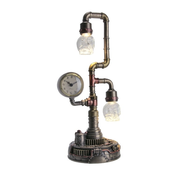 Veronese Design Steampunk Pipework Clock Stand USB Powered LED Skull Bulb Desk Lamp