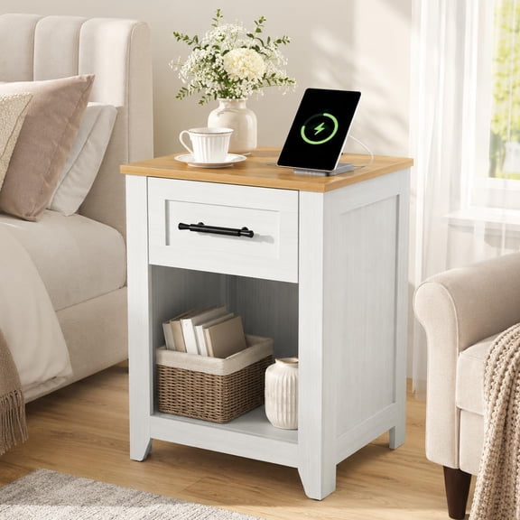 Nightstand with Charging Station, End Table with Drawer and Open Shelf, USB Port, USB-C Port, 2 AC Outlets, 15.8"D x 17.7"W x 23.6"H