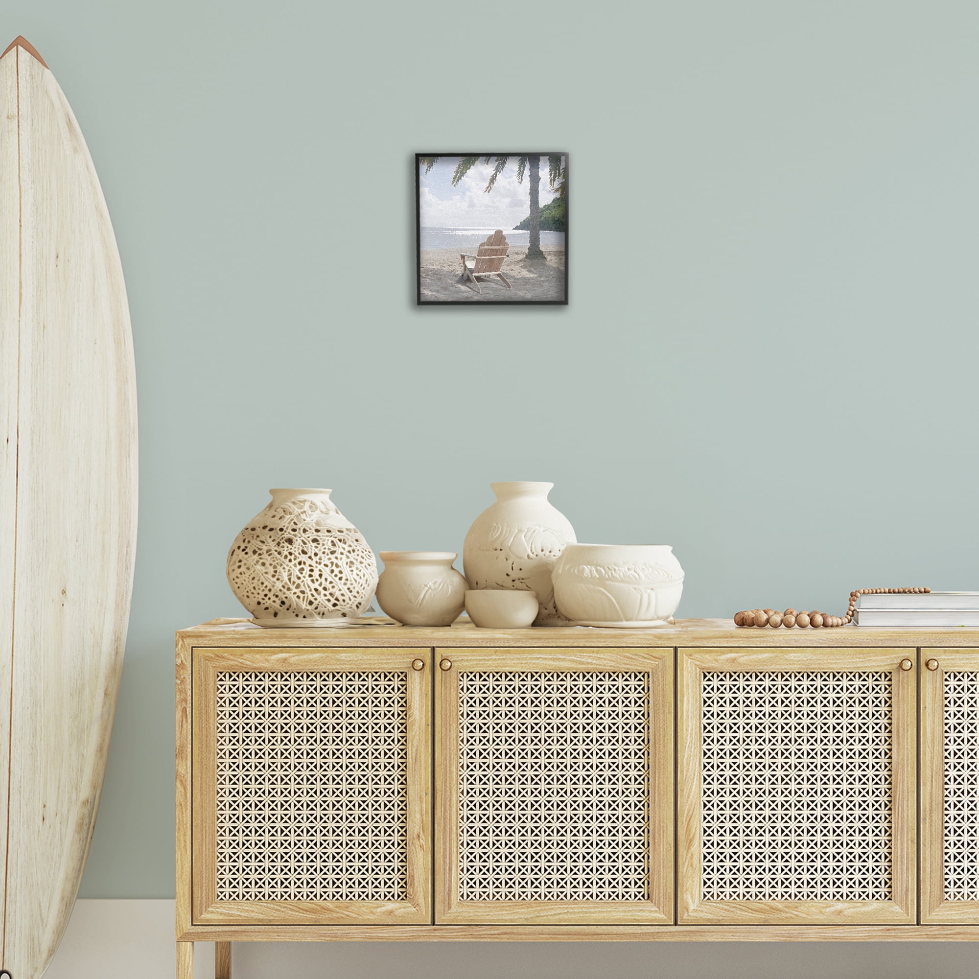 Stupell Industries Chair Under Palm Tree Coastal Photography Black Framed Art Print Wall Art, 12 x 12