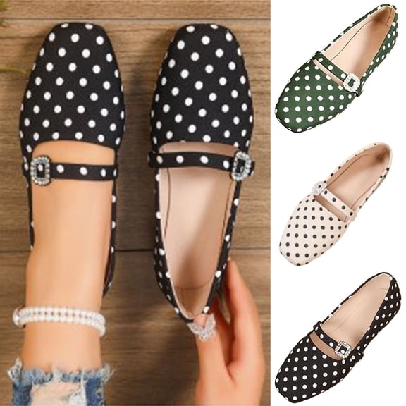 Polka Dots Mary Jane Shoes Women Ballet Flats Shoes for Women Slip on Comfortable Dressy Adjustable Strap for Work office Business Casual Size 36-43 Black-B
