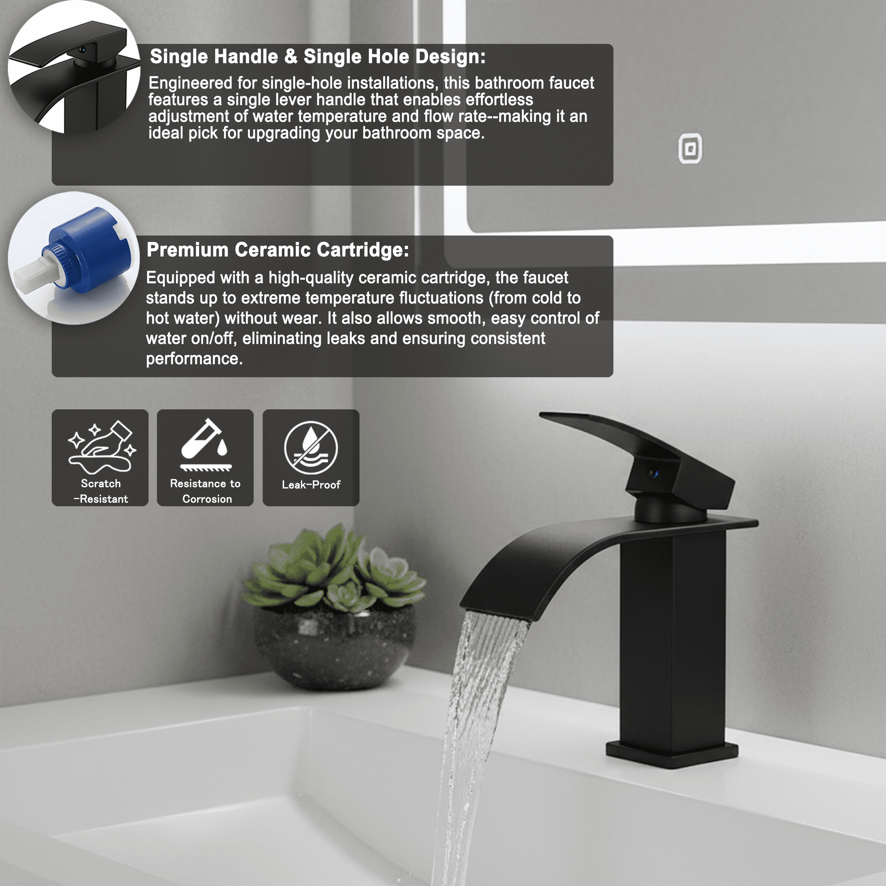 Single Handle Bathroom Faucet Lavatory Faucet Stainless Steel Single Hole-TP, Matte Black