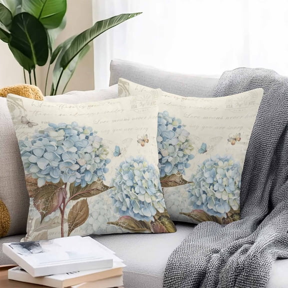 Throw Pillow Covers 26x26 Inch Set of 2, Blue Hydrangea Waterproof Outdoor Pillow Covers, Spring Floral Leaves Butterfly Vintage Beige Decorative Cushion Pillowcases for Couch, Sofa, Bed, Patio