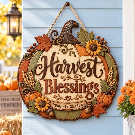 Harvest Blessings Pumpkin Wreath Wooden Door Sign for Fall Porch Decor