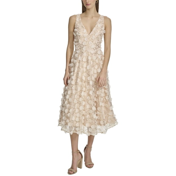 Eliza J womens 3D Floating Flowers Mesh Midi Dress, 4, Gold