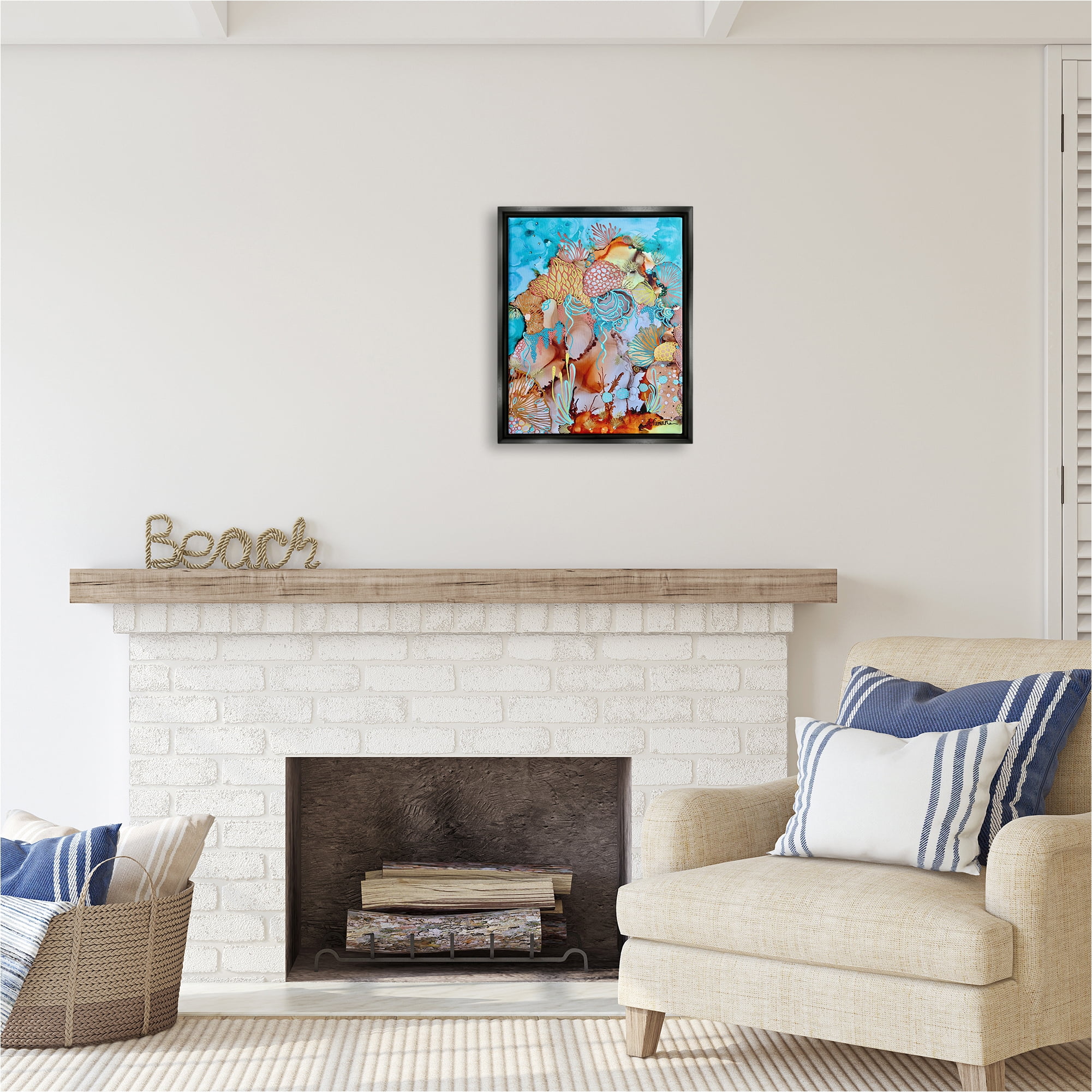 Stupell Industries Abstract Coral Reef Pattern Abstract Painting Black Floater Framed Canvas Art Print Wall Art, 17 x 21