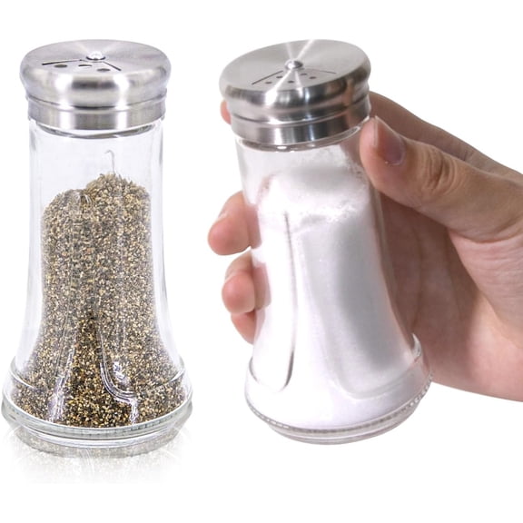 Salt & Pepper Shaker Set for Kitchen - 4 oz Clear Glass Shakers with Stainless Steel Lid, Adjustable Pour Holes, Salts, Ground Peppercorn Spices, of 2