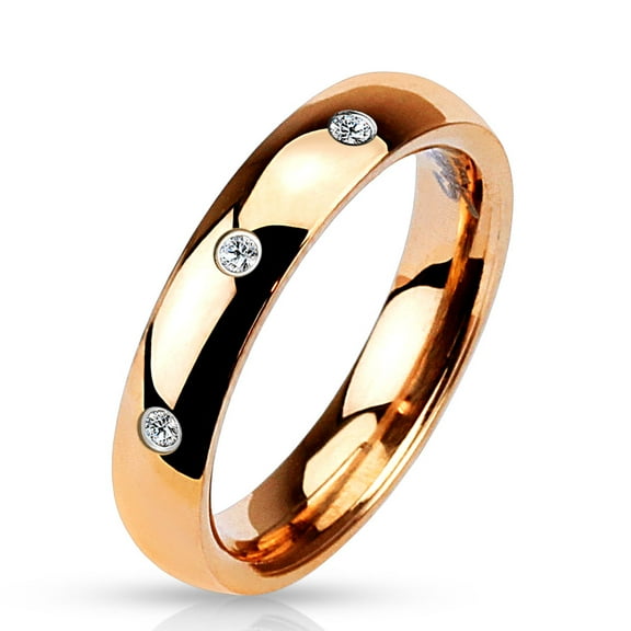4mm 3 Clear CZ Set Classic Dome Rose Gold IP 316L Stainless Steel Wedding Band (SIZE: 5)