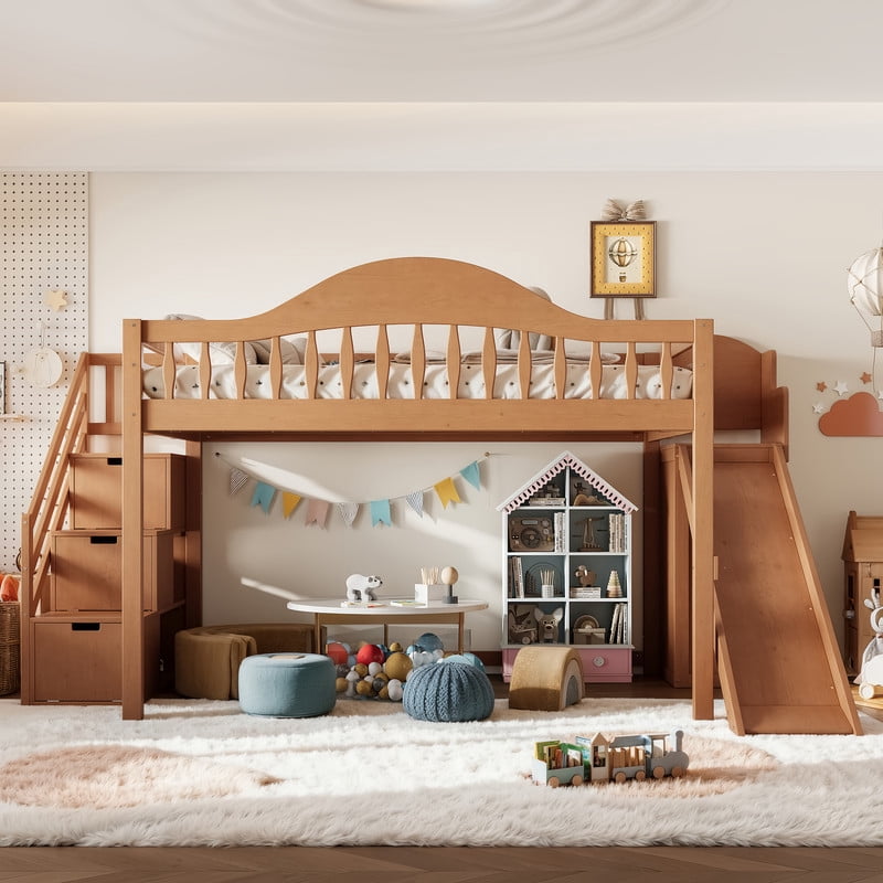 Full Size Kids/Teens Loft Bed with Storage Staircase, Slide & Wardrobe, Princess Bed Frame with Curved Guardrail